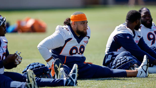 Broncos defensive lineman Mike Purcell (98) during training camp at the UCHealth Training Center.
